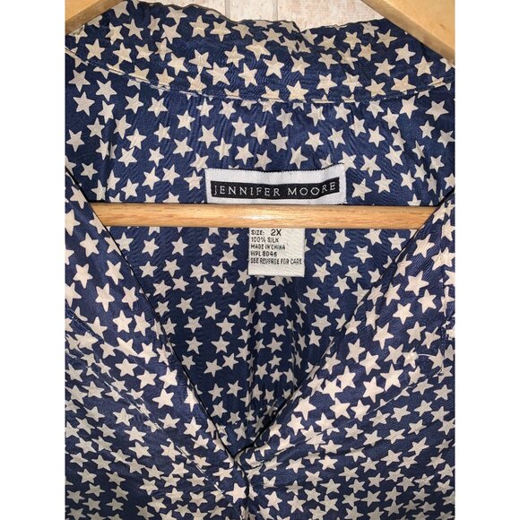 Vtg Jennifer Moore Women's Navy White Stars 100% Silk Button Down Size 2X - Picture 4 of 9